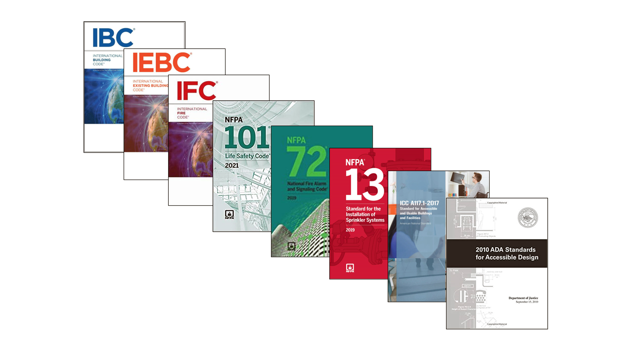 Stack of books from left to right: IBC, IEBC, IFC, NFPA 101, 72, 12, ICC/A117.1, and 2010 ADA Standards.
