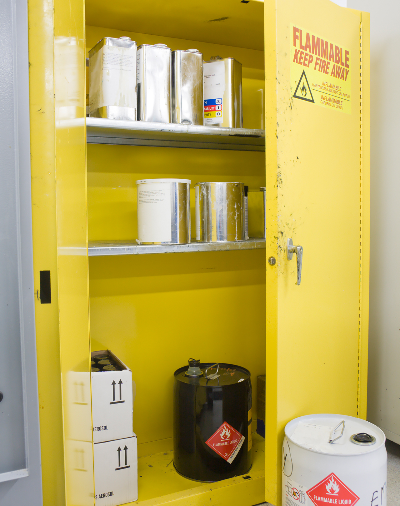 Hazardous flammable storage in a cabinet.